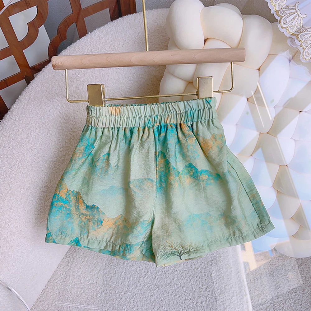 Girls' Set Summer Style Printed Standing Neck Tassel Top and Shorts Two Piece Set
