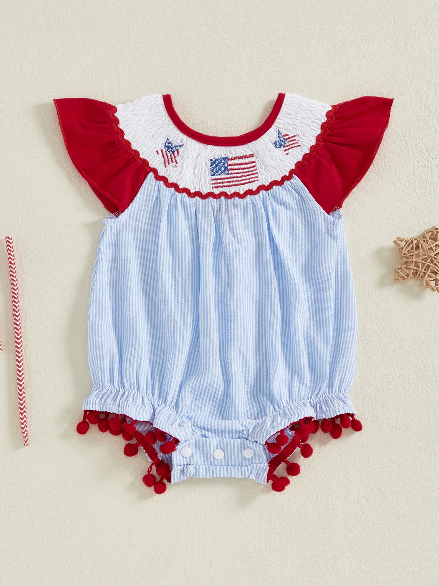 Baby Girls Summer Romper - Ruffles Tassel Flutter Sleeve Striped Flag Embroidery (0-18M)