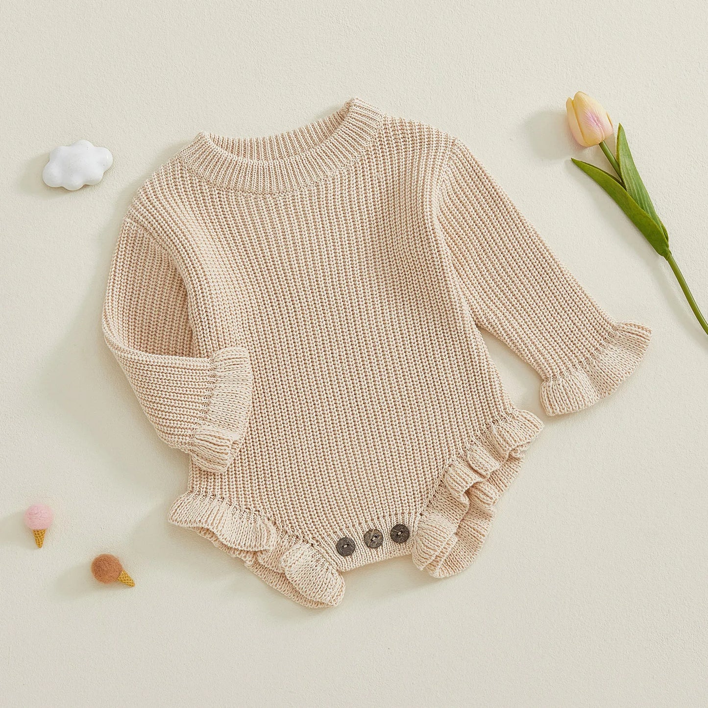 Newborn Baby Knit Romper - Long Sleeve Round Neck Ruffled Sweater Jumpsuit
