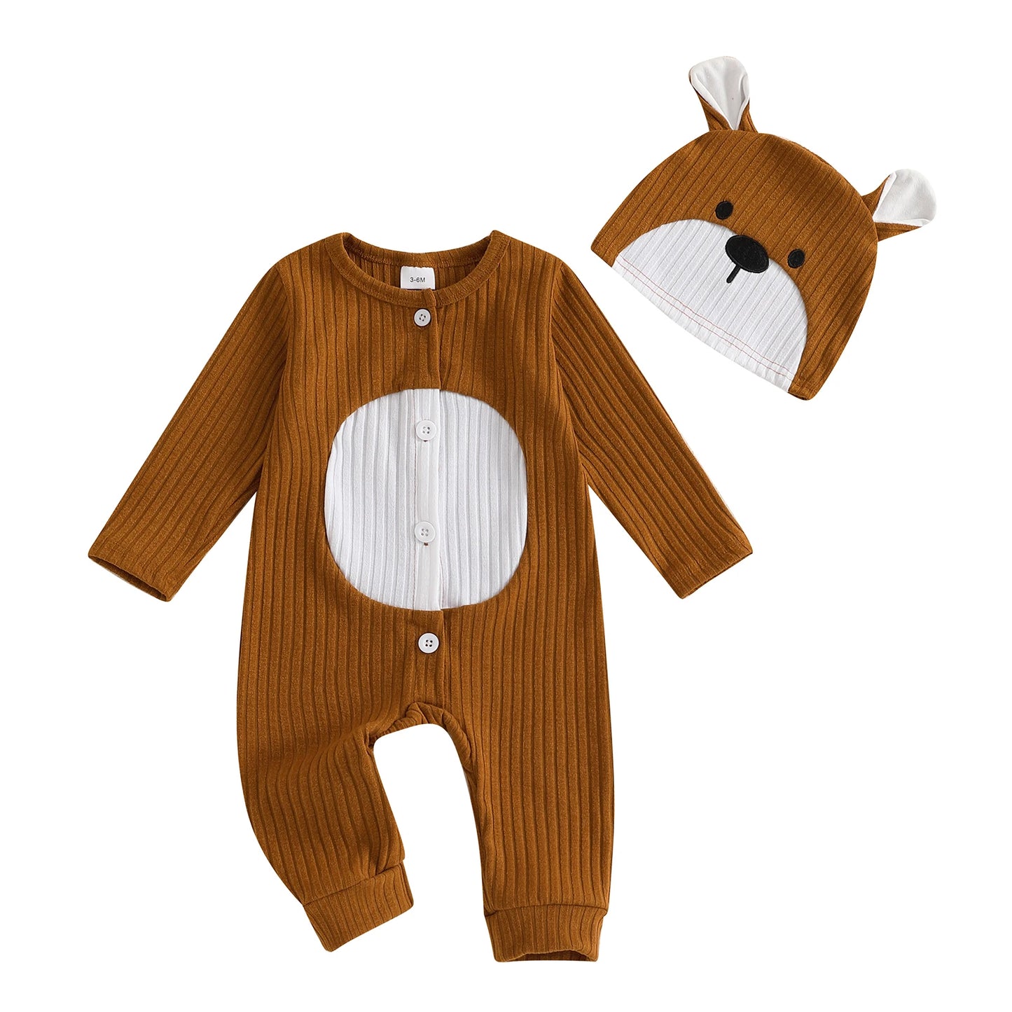 0-18M Newborn Baby Boys Romper Animal Cartoon Print Long Sleeve Crew Neck Full Length Button Down Jumpsuit with Hat