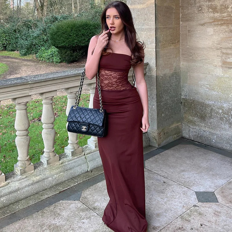 Women's Lace Trimmed Cut Out Backless Maxi Dress Club Outfits Summer Bandage Lace Up Slip Gown Dress