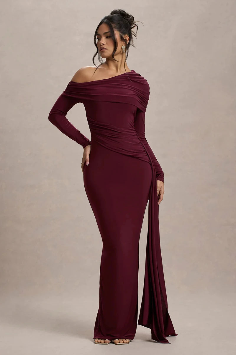 Women's Skew Collar Long Sleeve Maxi Backless Draped Ruched Bodycon Long Dress