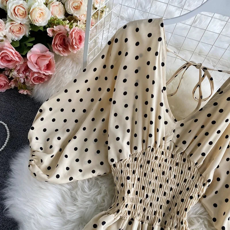 Women's V-Neck Polka Dot Jumpsuit - Wide Leg Trousers with Dolman Sleeves