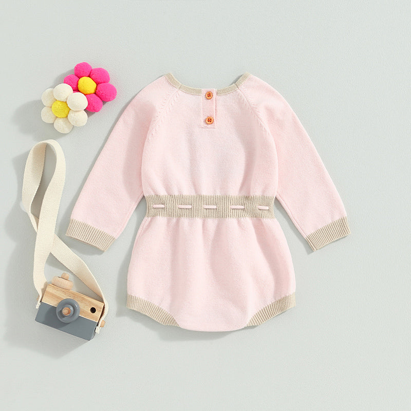0-24M Baby Girls Romper Long Sleeve Flower Embroidery Drawstring Knit Sweater Jumpsuit