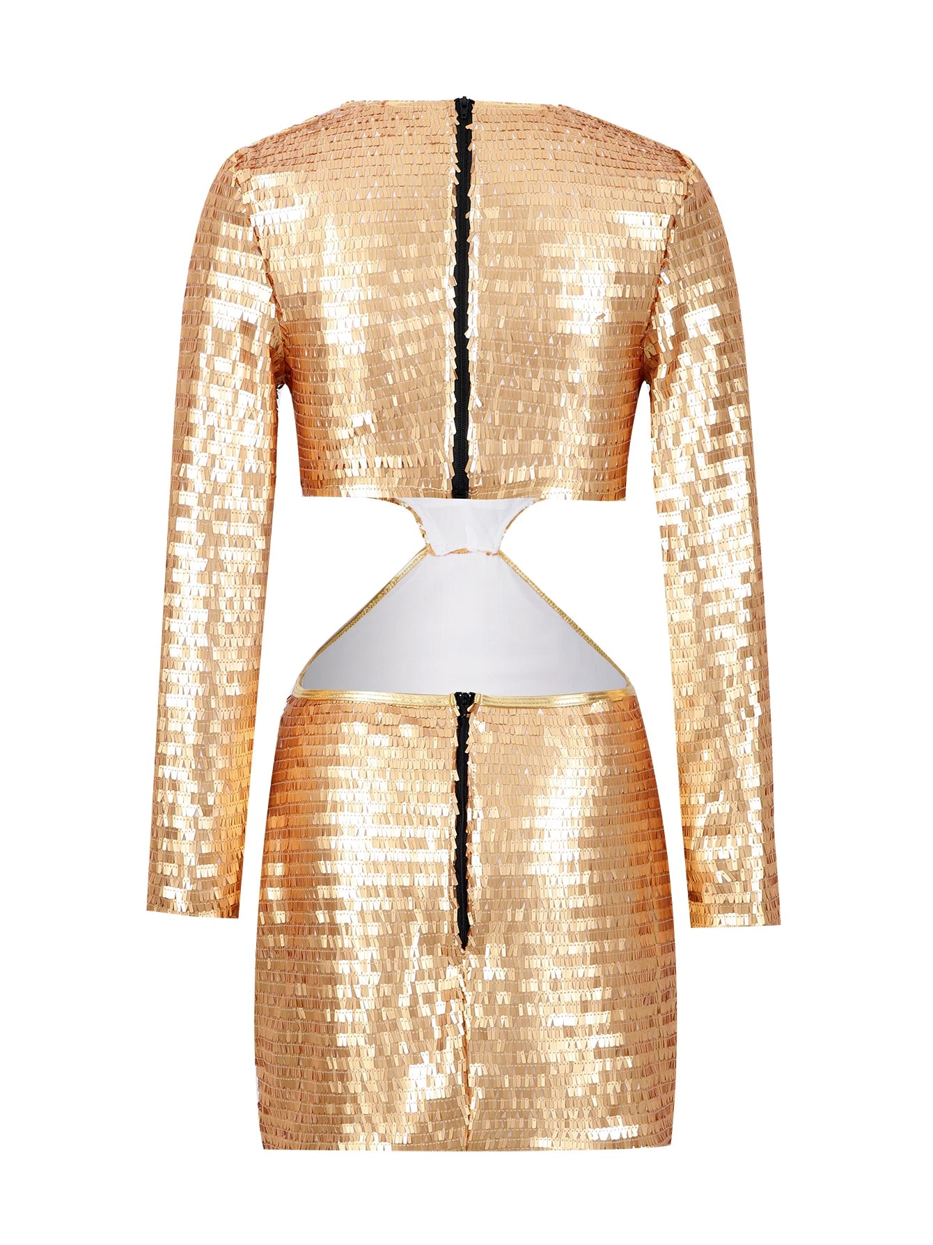 Women’s Sequin Mini Deep V Long Sleeve Naked Waist Cut Out Summer Party Evening Dress