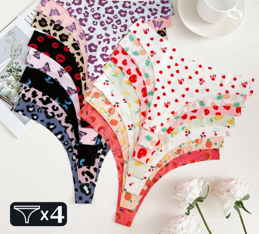 Women's  4Pcs Ultra Soft Underwear Graphic Print Seamless Thongs Stretch Leopard G Strings Comfort Lingerie