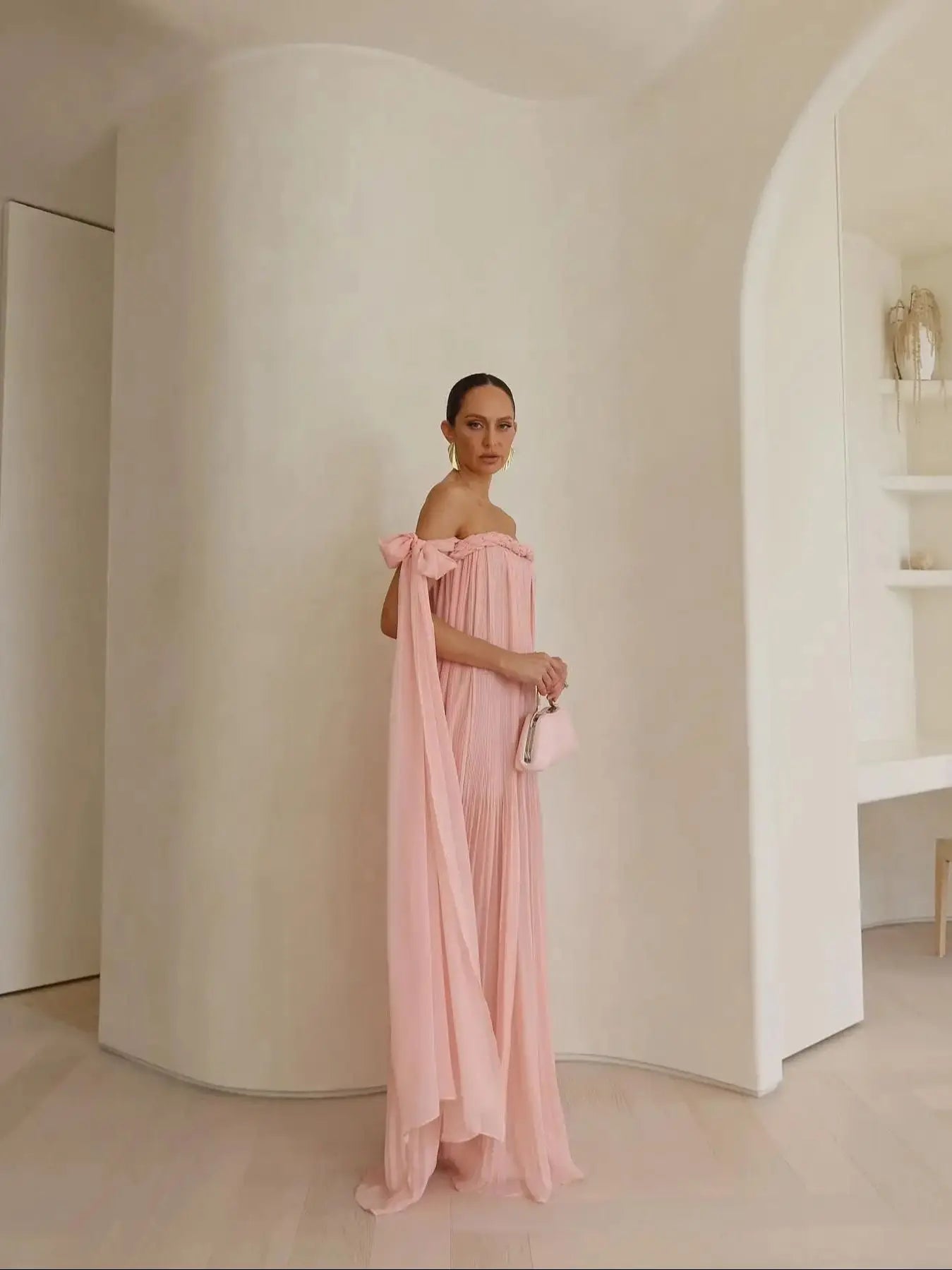 Off-Shoulder Braided Tie Maxi Dress - Pleated A-Line Summer Beach Dress