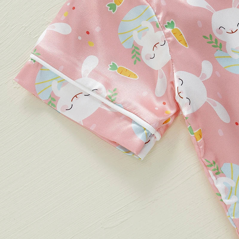 1-7Y Kids Girls Easter Pyjamas Clothes Set Rabbit Carrot Print Button Down V Neck Short Sleeve Tops and Shorts