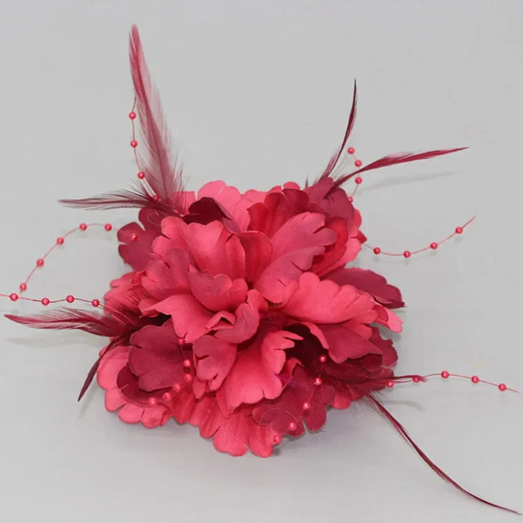 Handmade Fabric Flower Brooch - Pearl Feather Wedding Party Corsage
