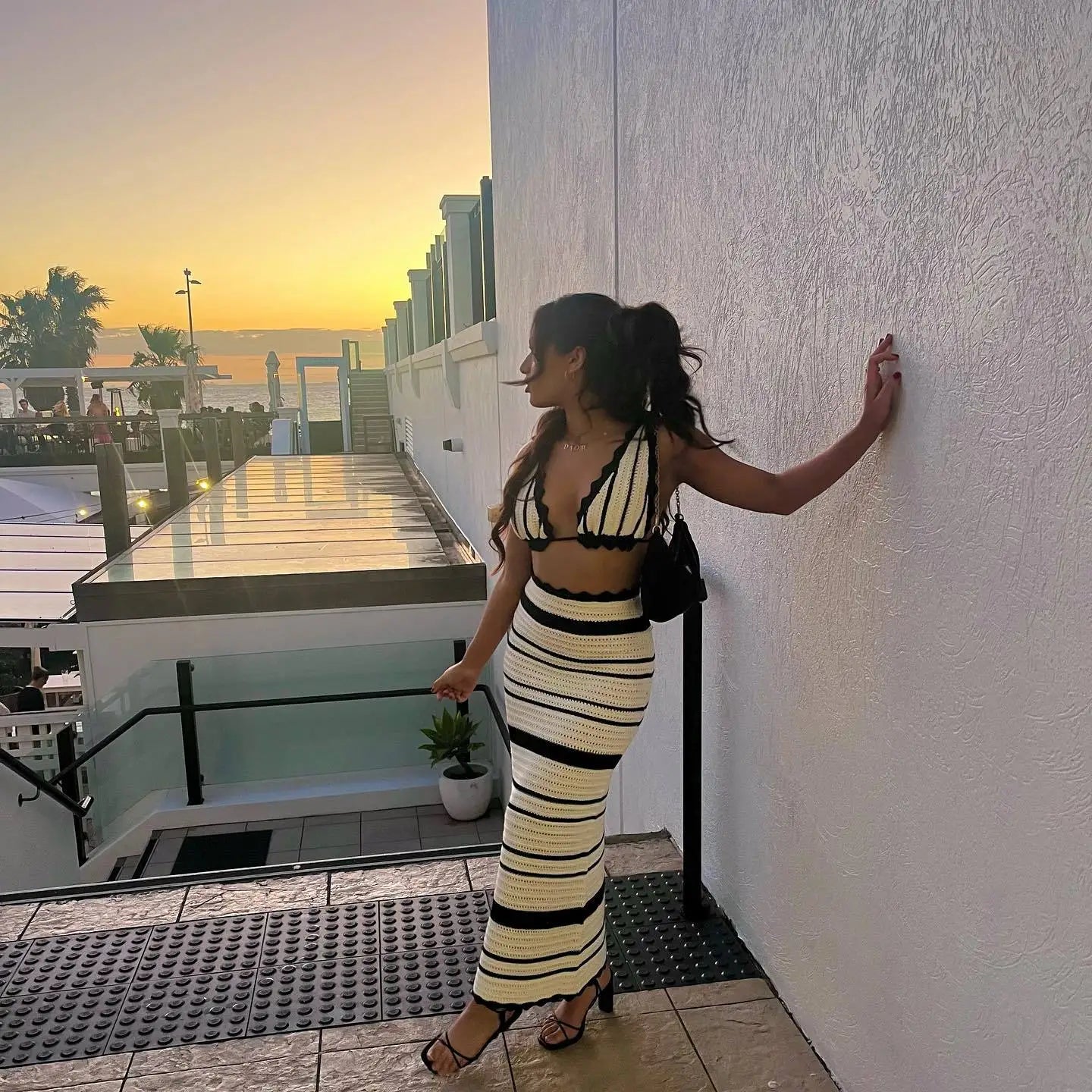 Women's Summer Beachwear Stripe Dress Set -Deep V Neck Knitted Top and Skirt 2 Piece Sets