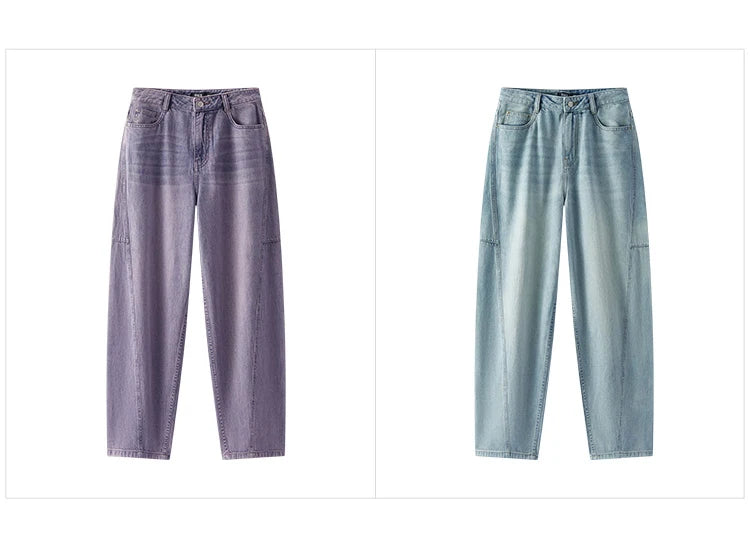 Women's Vintage Cotton Wide Leg Jeans - Curved Hem Retro Style