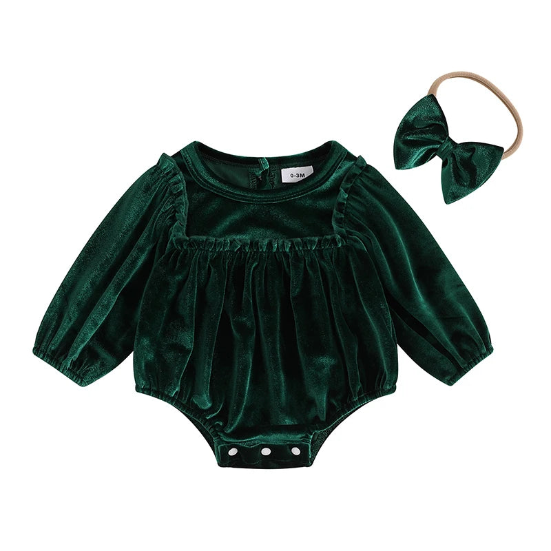 Baby Girl's Christmas Velvet Romper Set with Headband - Round Neck Long Sleeve