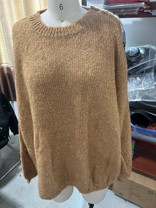 Women's Sequined Mohair Loose Round neck Lantern Long Sleeve Glitter Knitted Pullover Sweater