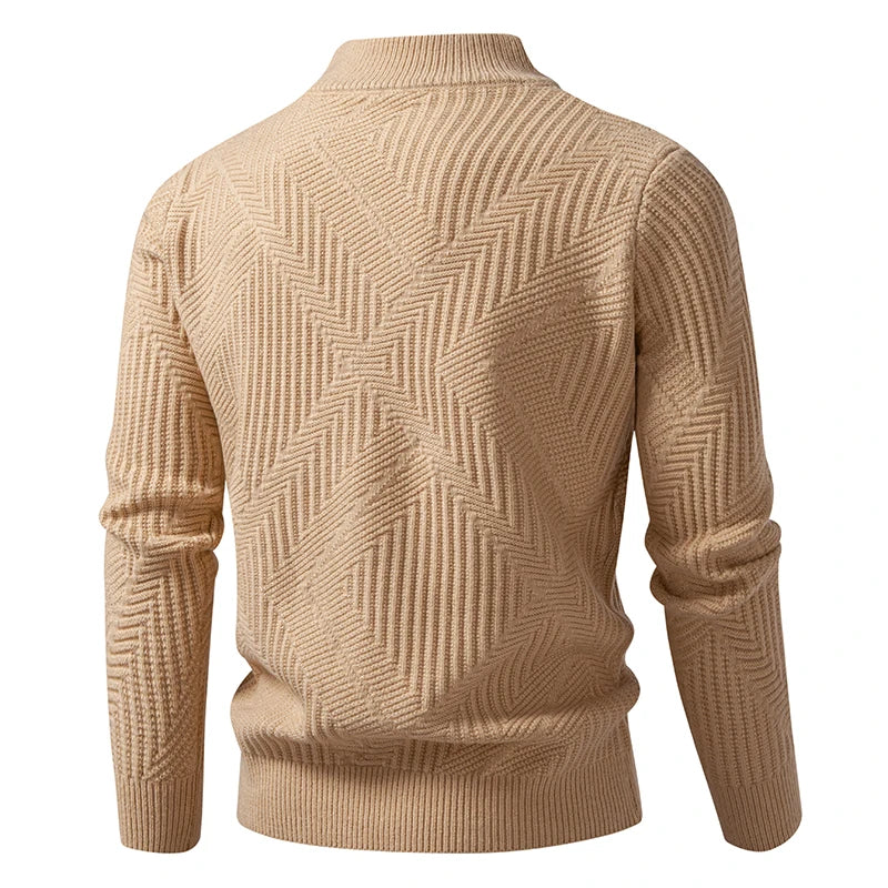Men's Stand Collar Geometric Knit Sweatercoat - Solid Colour Casual Cardigan for Autumn Winter
