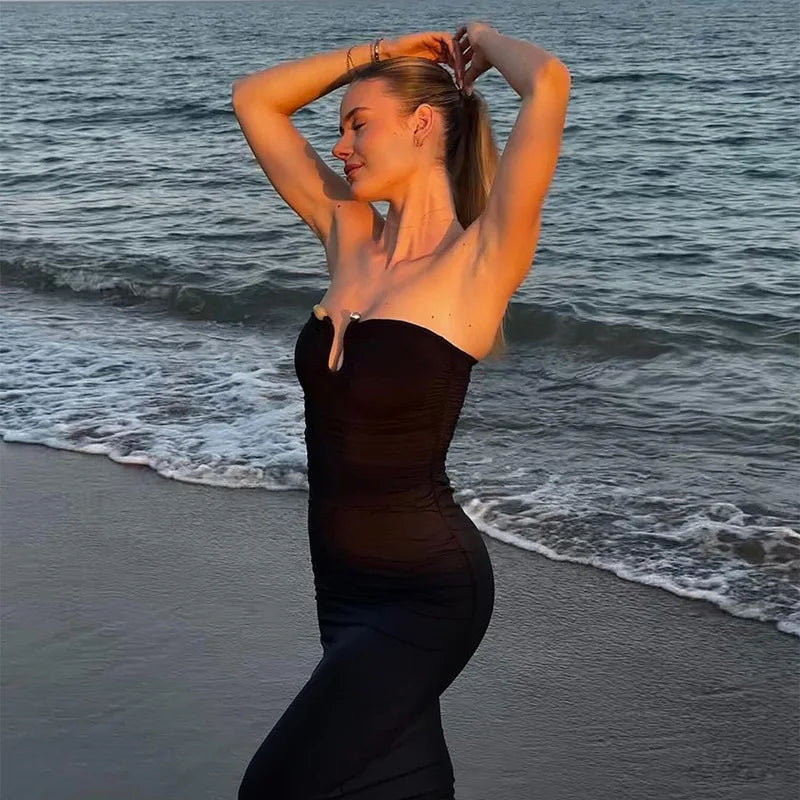 Women's U-neck Tube Top Pleated Bodycon Party Long Sleeveless Dress