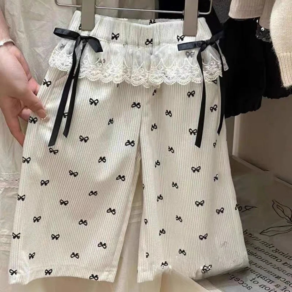 Girl's Summer Bow Print Lace Wide Leg Pants Set 3-6 Years