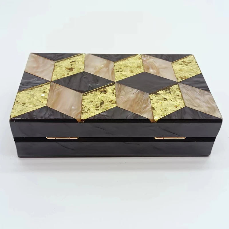 Stylish Black & Gold Glitter Rhombus Acrylic Evening Clutch - Luxury Party Chain Shoulder Bag