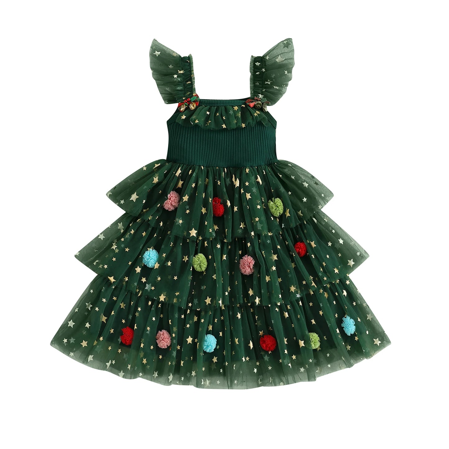 Girl's Christmas Princess Dress - Star Ball Square Neck Layered Tulle A-Line