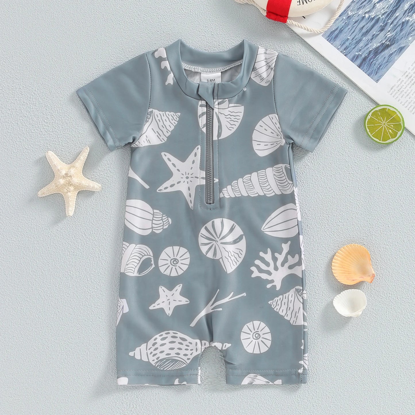0-3Y Infant Baby Boys Summer Swimwear Cute Sea Element Prints Zipper Short Sleeve Swimsuit Beachwear