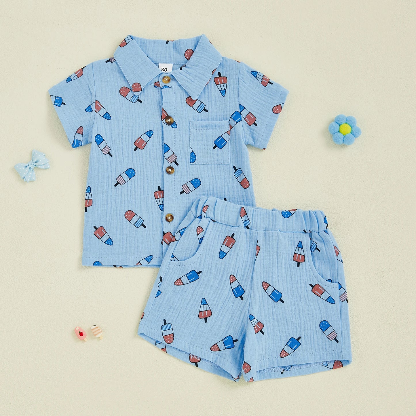 0-4Y Kids Boys American Flag Colours Print Clothes Sets Ice Cream Print Lapel Button Down Short Sleeve Shirt with Shorts
