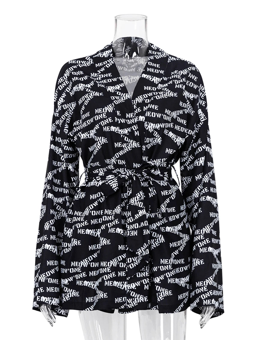 Women's Casual Print Pyjamas Lace-Up Long Sleeve Robes Shorts Sleepwear Set
