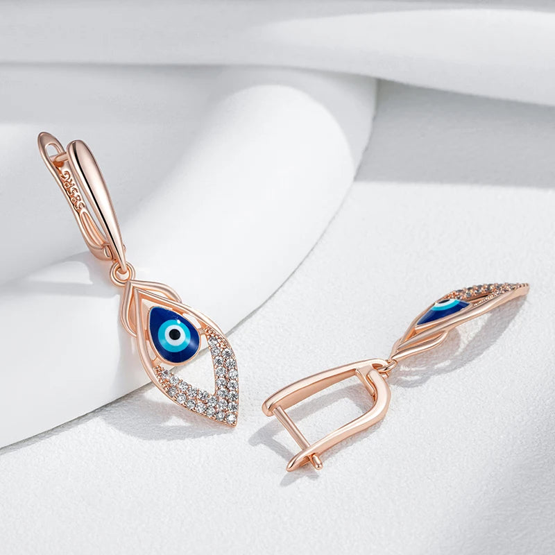 Rose Gold Blue Enamel Drop Earrings - Natural Zircon Wedding Party Jewelry
