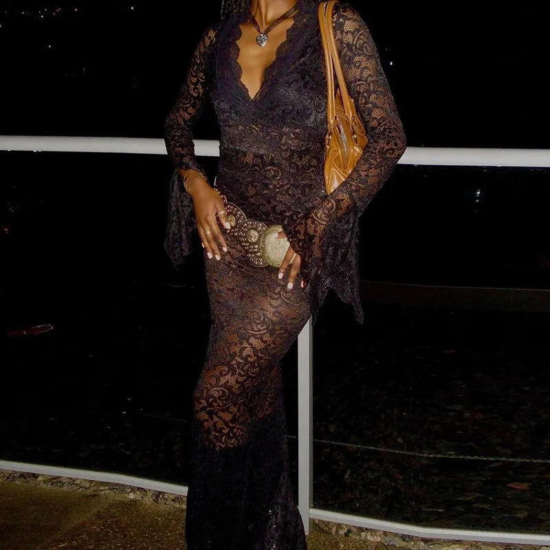 Women's Lace Transparent Hollow Out Maxi Flare Sleeve V Neck Dress
