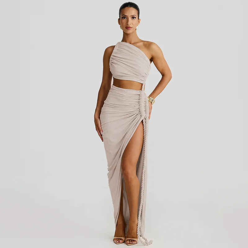 Women's Off-shoulder Thigh High Split Maxi Strapless Sleeveless Ruched Bodycon Party Dress