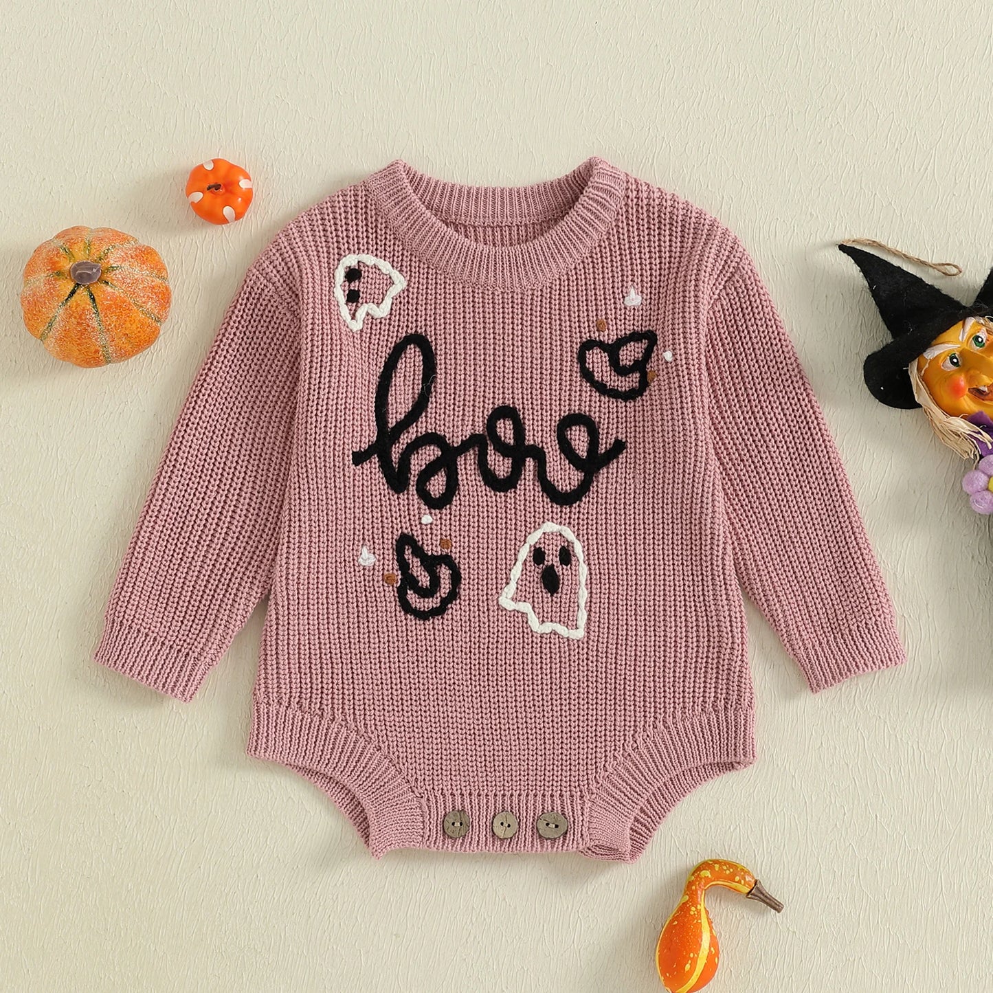Newborn Baby Halloween Sweater Romper - Ghost Letter Embroidered Long Sleeve Jumpsuit