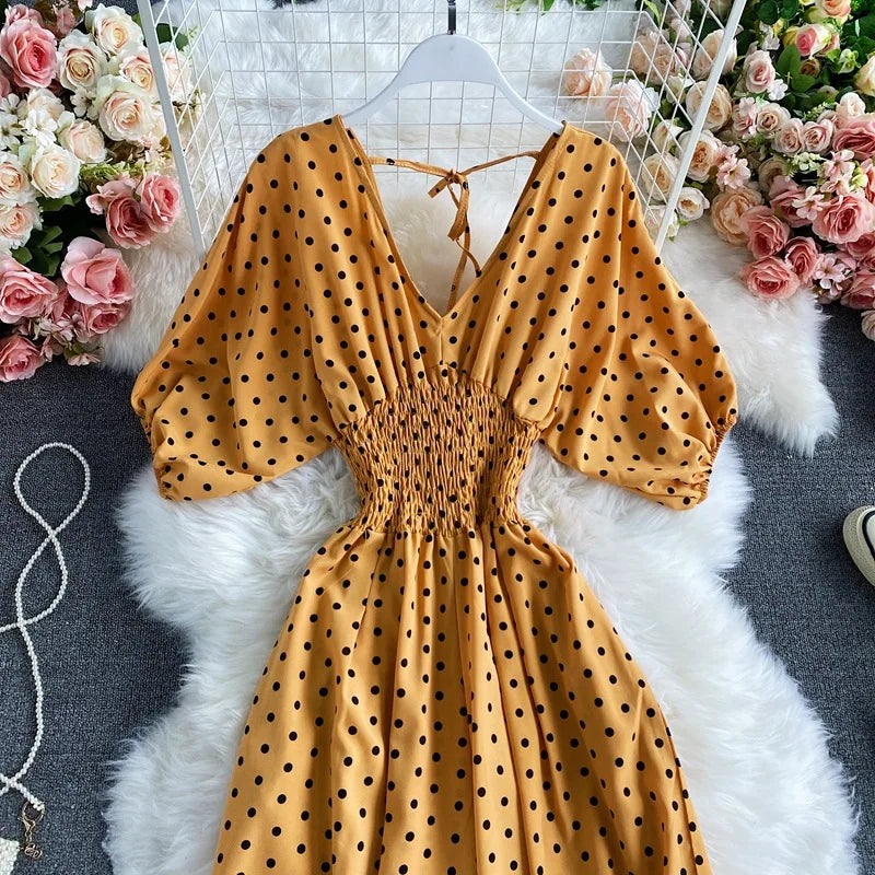 Women's V-Neck Polka Dot Jumpsuit - Wide Leg Trousers with Dolman Sleeves