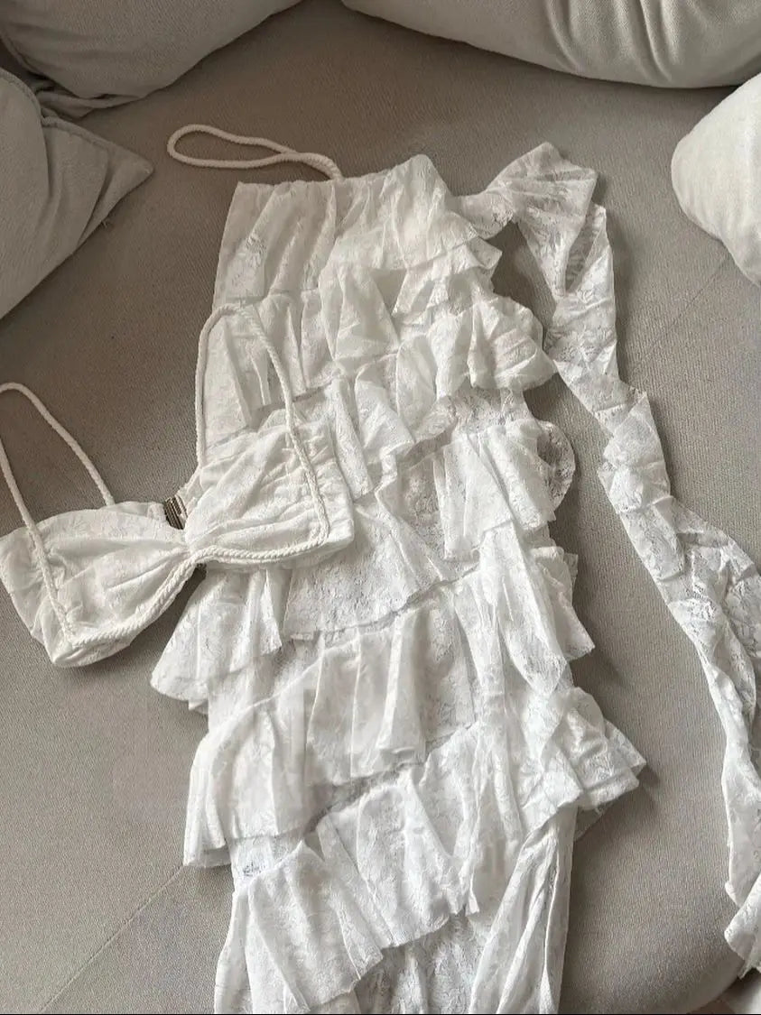 Women's Lace Ruffle Skirt Set Braid Skirt Halter Straps Tube Top Skirt Bra High Waist Chic Beach Set