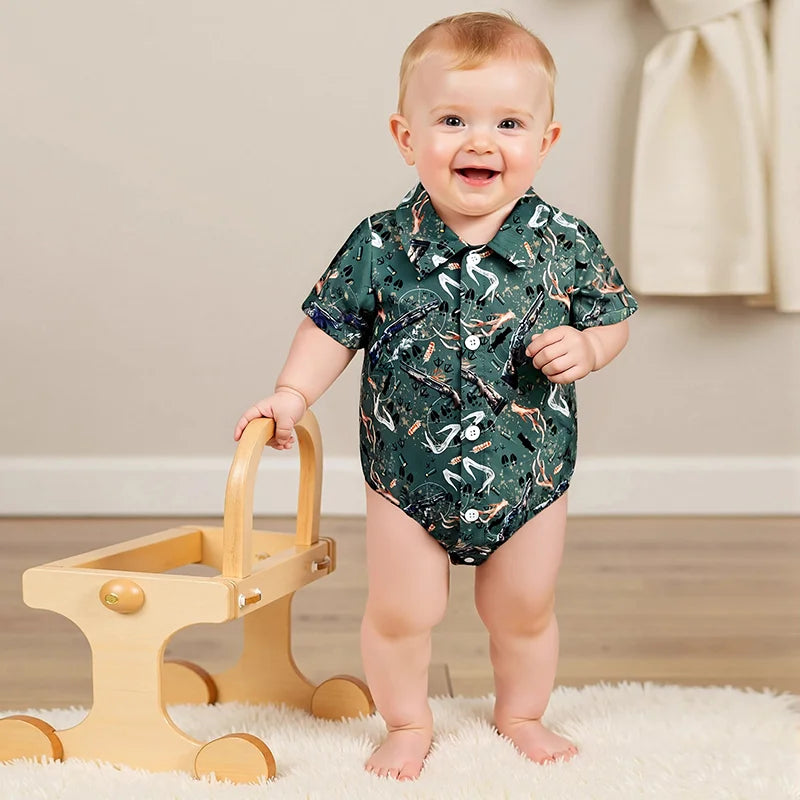 Baby Boys Gentleman Western Romper - Cartoon Print Button-up Bodysuit (0-18M)
