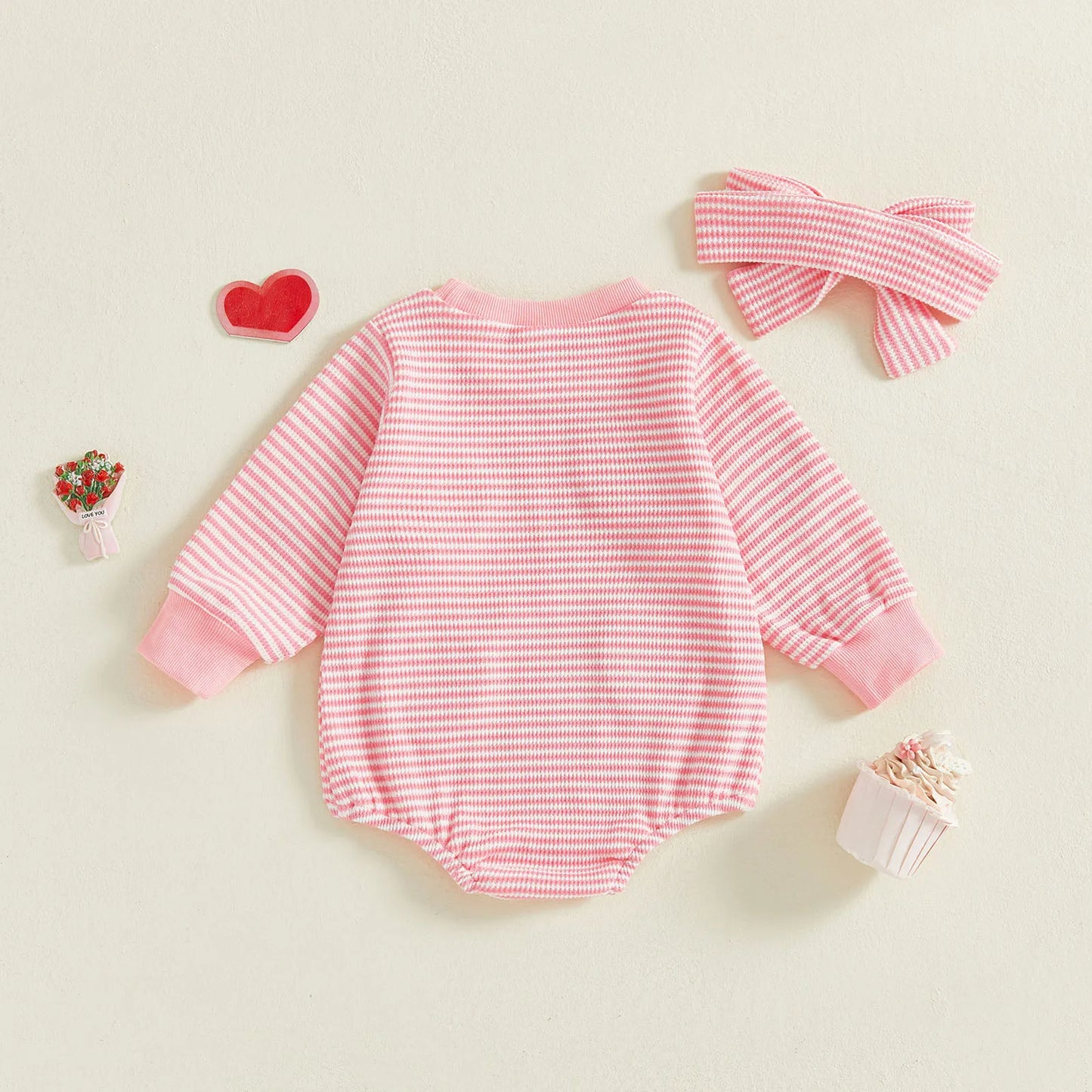 Baby Valentine's Day Romper Set - Striped Heart Embroidery with Headband