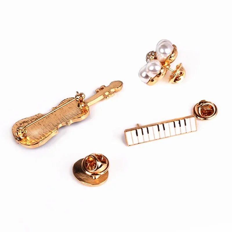 Music Notation Enamel Brooch - Violin Guitar Piano Beaded Flower Pin
