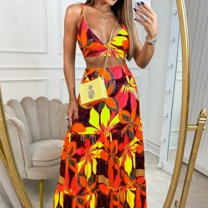 Women's Print Beach Two Piece Skirt White Bra High Waist A-line Long Skirt Beach Set