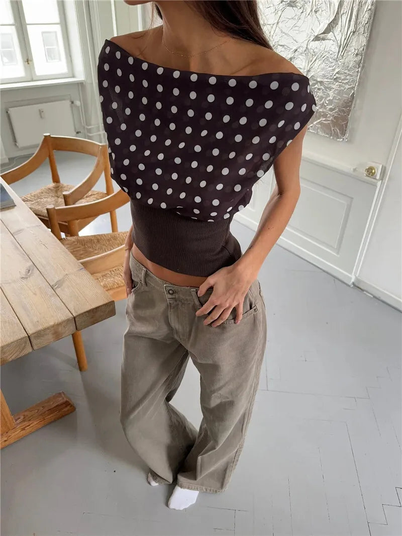 Women's Backless Polka Dot Crop Top Summer New Oblique Shoulder Sleeveless Tank Top