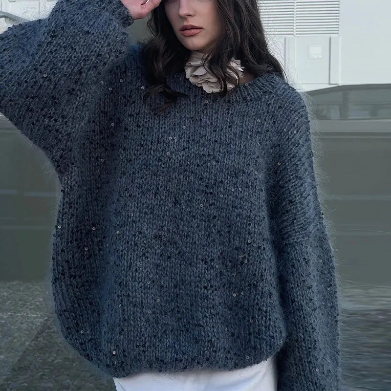 Women's Sequined Mohair Loose Round neck Lantern Long Sleeve Glitter Knitted Pullover Sweater