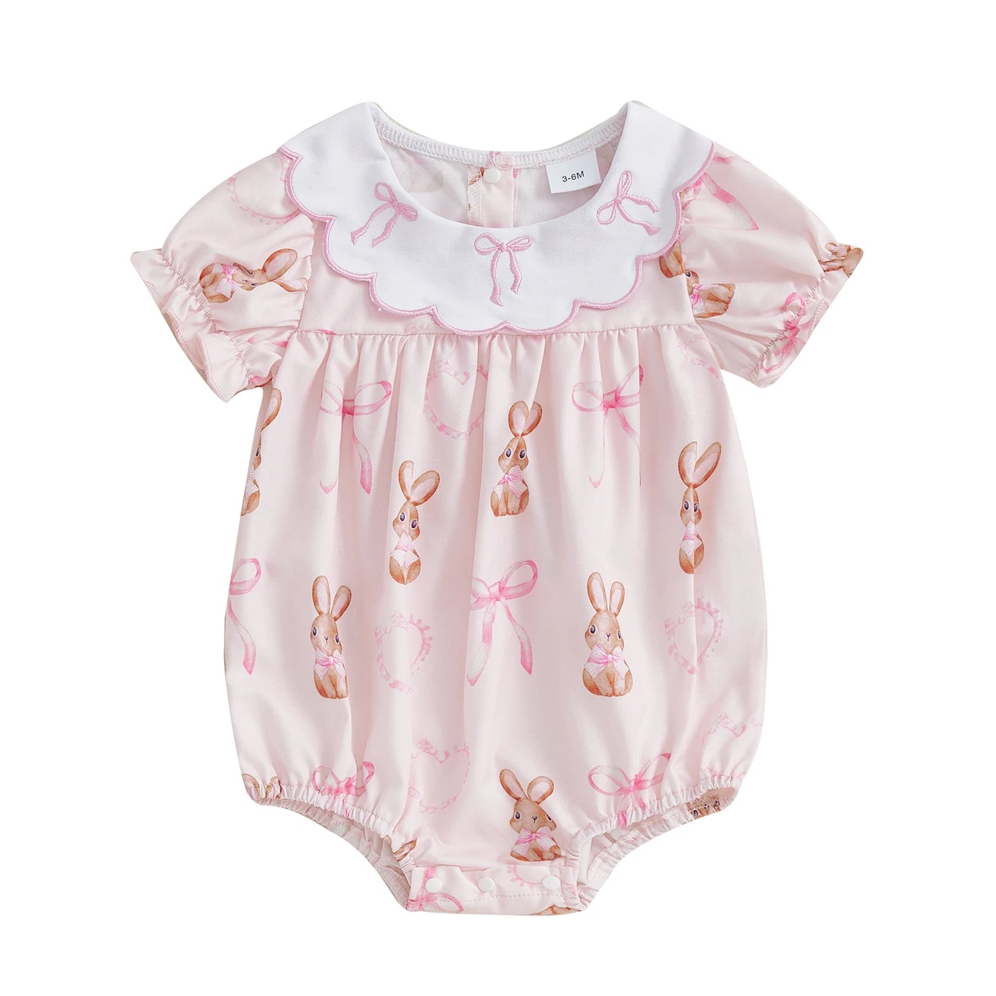 Easter Baby Girls Cute Romper - 3 Style Rabbit Bow Print Doll Collar Ruffle Short Sleeve Bodysuit (0-18M)