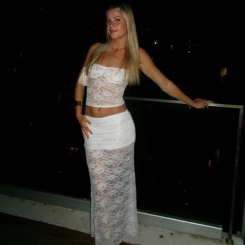 Women's Lace Trimmed Dress Set Club Outfits Lace Up Summer Backless Sheer Top and Skirt Co-ords Set