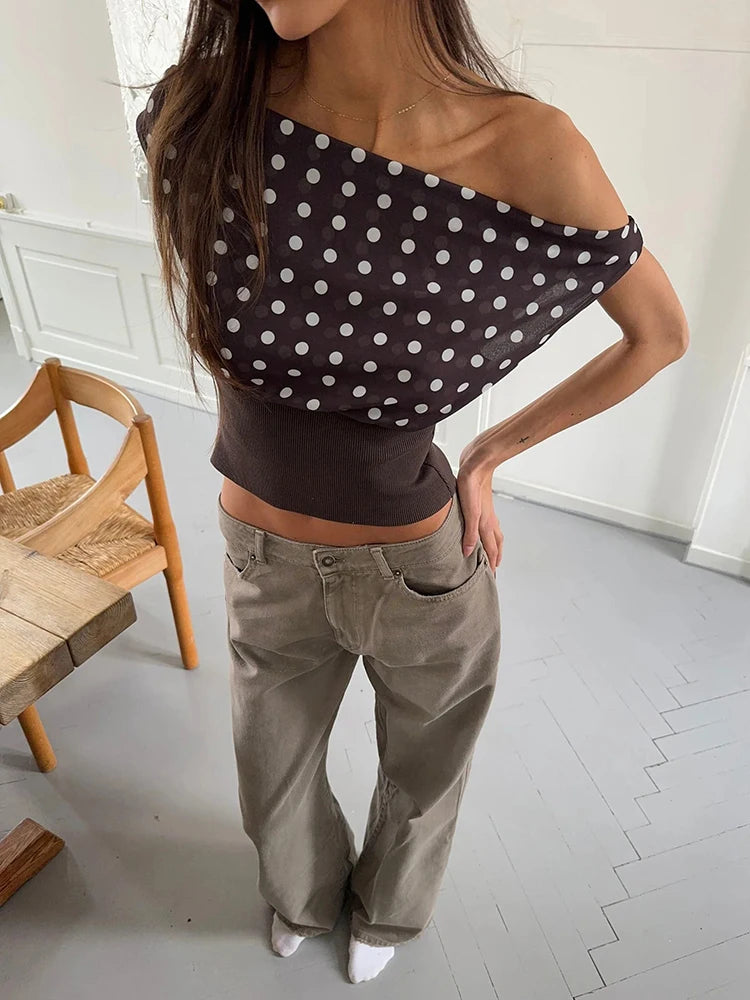 Women's Backless Polka Dot Crop Top Summer New Oblique Shoulder Sleeveless Tank Top