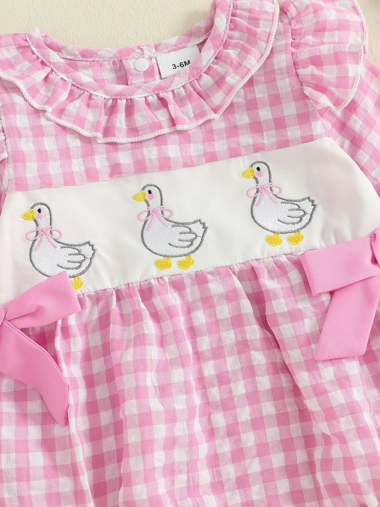 Baby Girls Plaid Bubble Romper - Duck Embroidery Long Sleeve Jumpsuit (0-18M)
