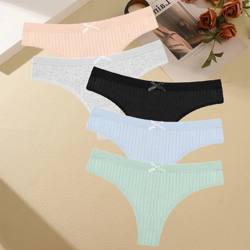 Women's Cotton Bow Tie Underwear 5-Pack - Ribbed Striped Low Waist Thongs