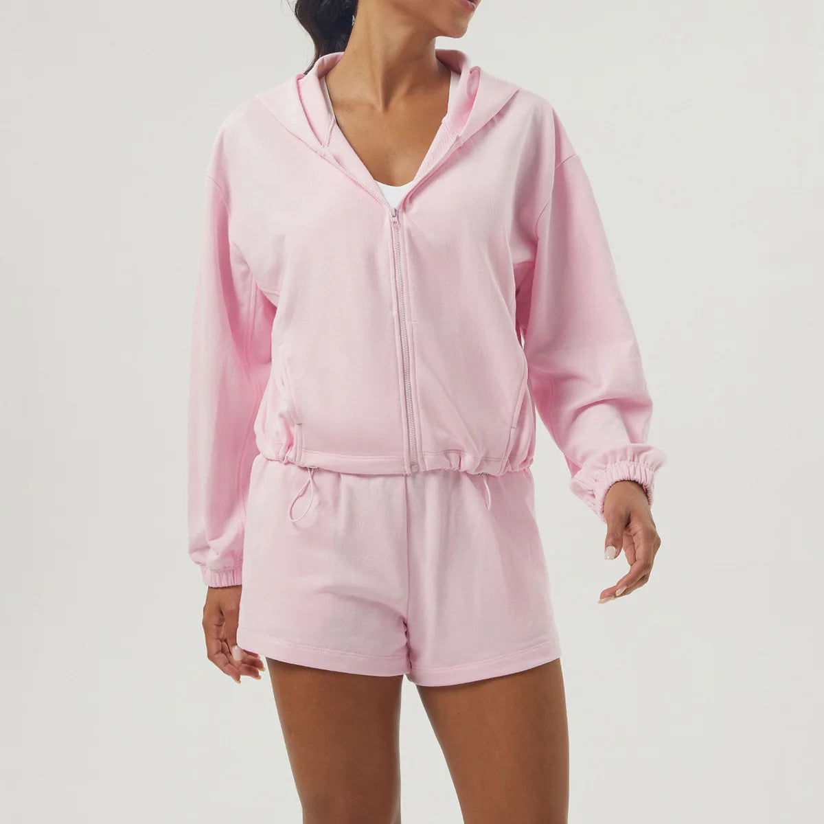 Women's Gym Running Suit Breathable Two Pieces Fitness Yoga Set Long Sleeve Hoodie Shorts Workout Sportswear