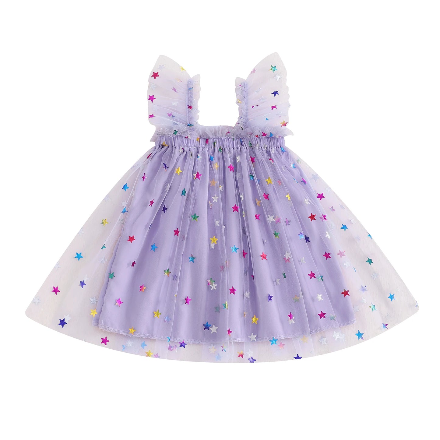 0-4YBaby Girls Summer Dress Glitter Star/Flower Print Fly Sleeve Square Neck Mesh Tulle Summer Dressress