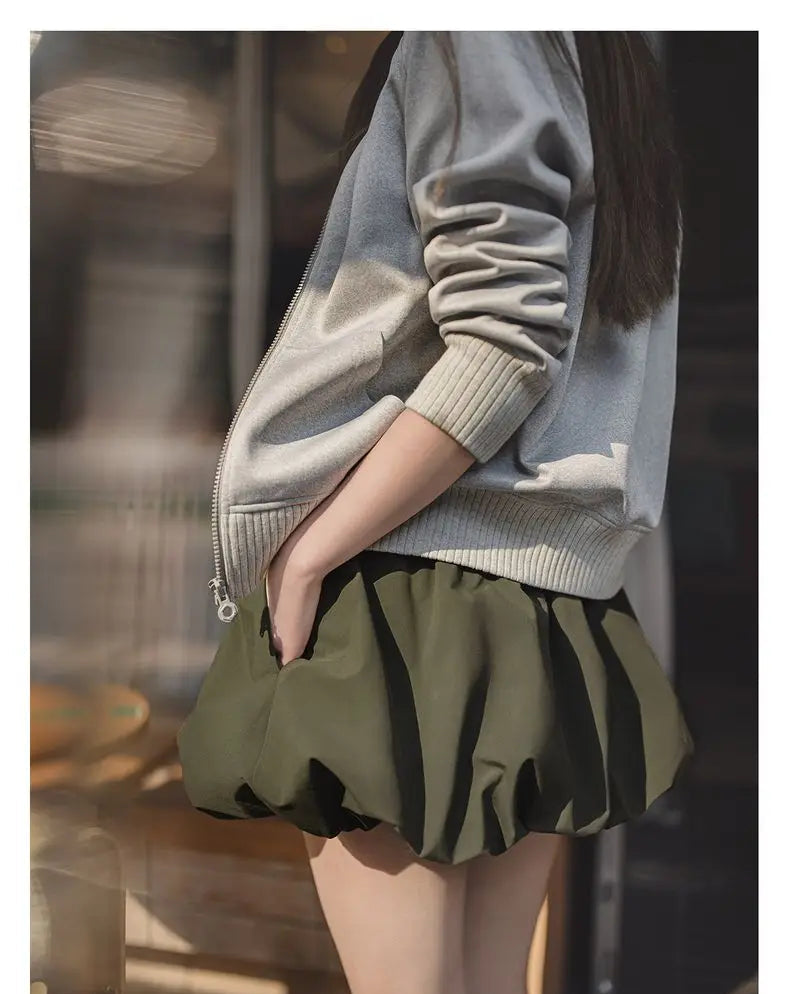 Women's Casual Green Bubble Hem Mini Summer Drawstring Waist Lantern A-Line Versatile Floral Petal Short Skirt