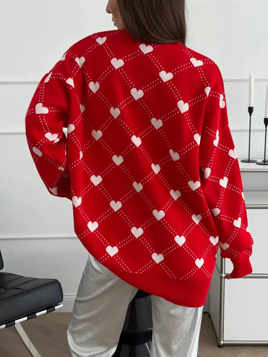 Women's Love Heart Printed Round-neck Pullover Sweater