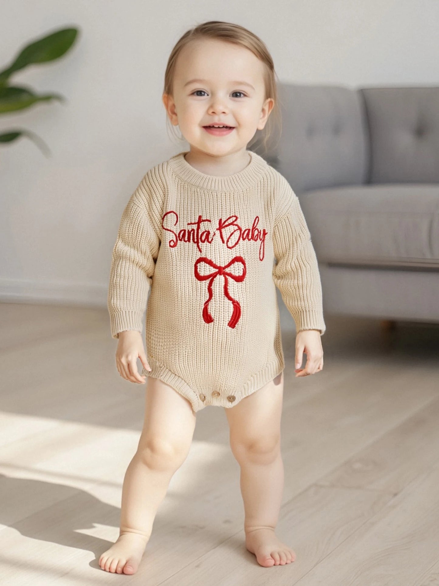 Baby Christmas Romper Sweater - Letter Bow Embroidery Ribbed Long Sleeve