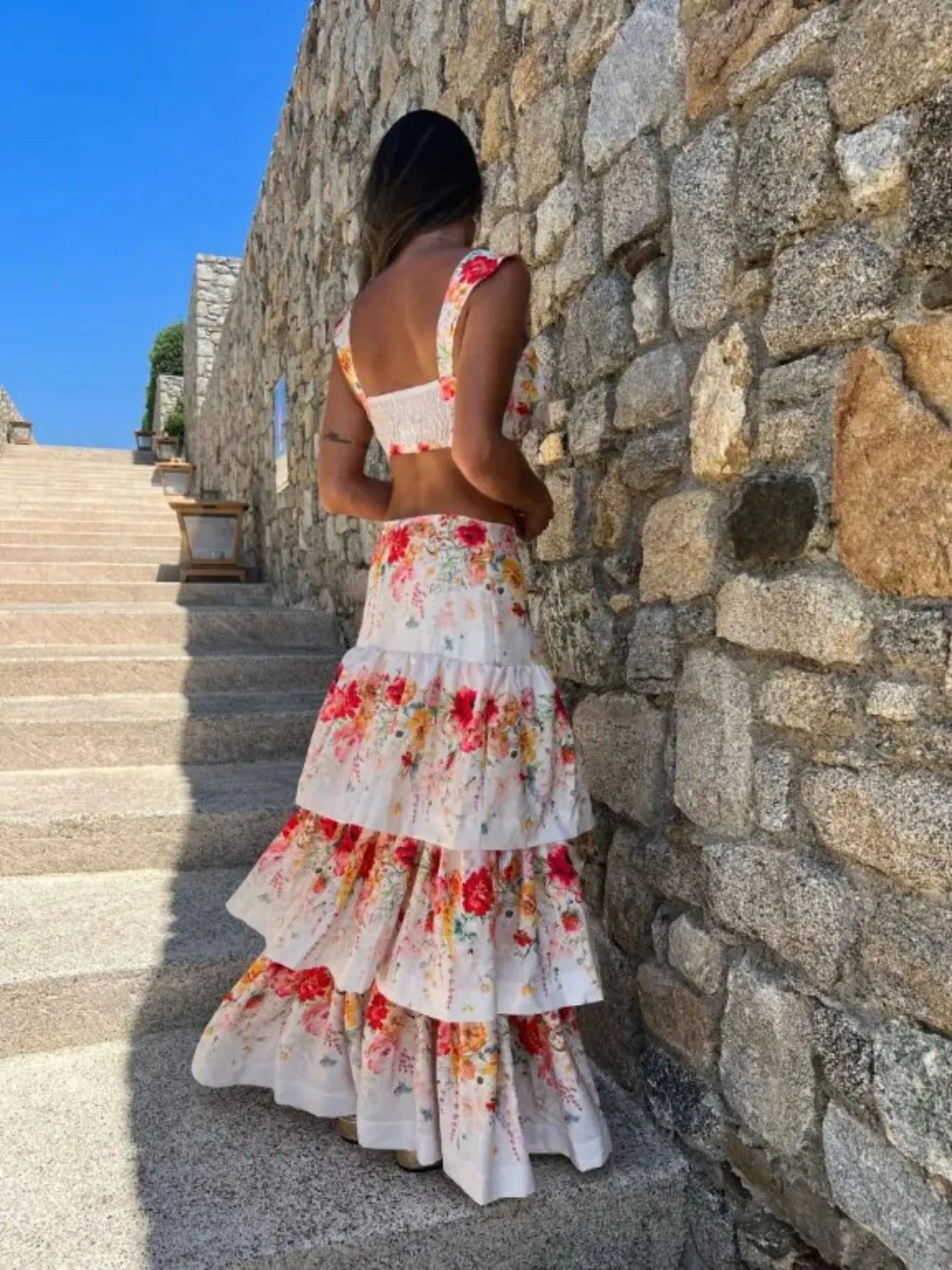 Women's Print Beach Two Piece Skirt White Bra High Waist A-line Long Skirt Beach Set