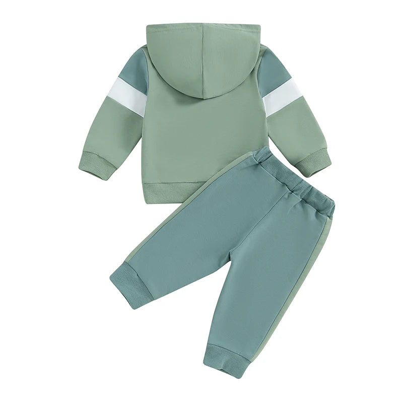 0-4Y Toddler Kids Boys Girls Fall Clothes Set Color Patchwork Long Sleeve Hooded Sweatshirt and Elastic Waist Pants