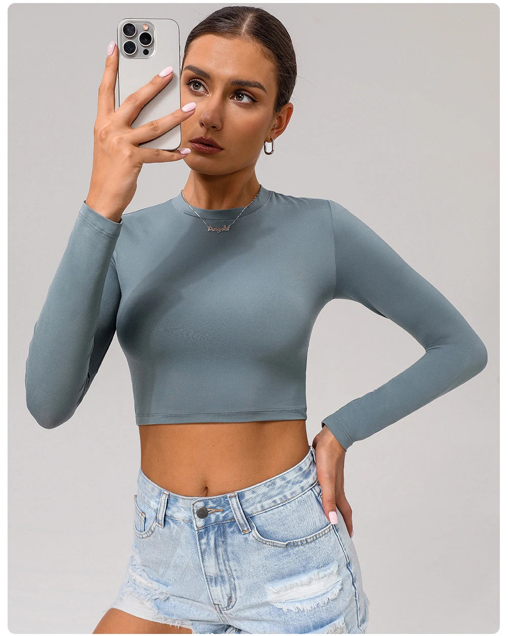 Women's Slim Fit Yoga Shirt Solid Colour Long Sleeve Gym Running Top Breathable Quick Dry Workout Crop Top Sportswear